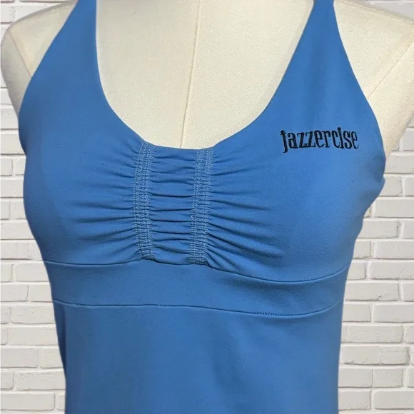 Y2K Jazzercise Blue Strappy Back Built In Bra Tank Top M USA Yoga Workout - Picture 2 of 6